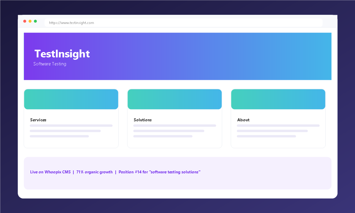Software Testing Solutions website showcase on Whoopix CMS