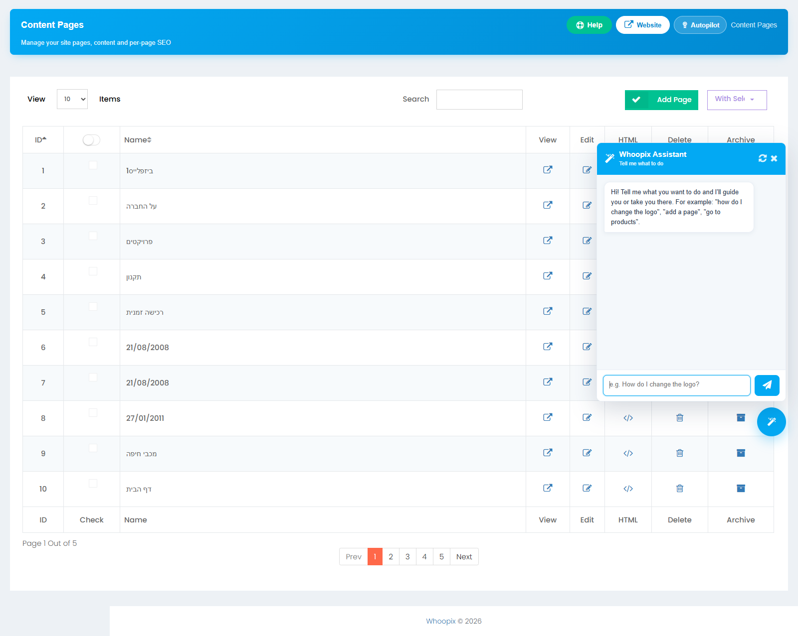 Whoopix Pages module