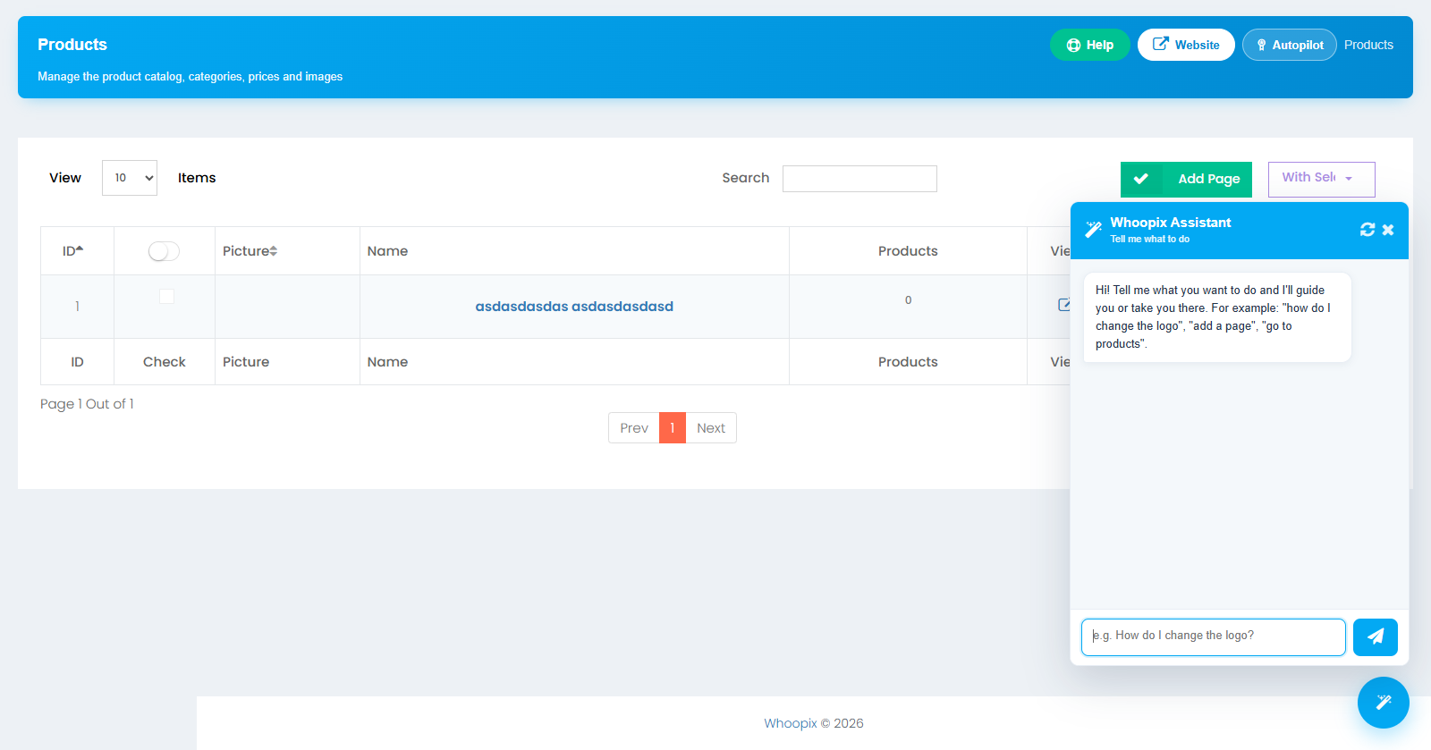 Whoopix CMS product catalog and e-commerce module