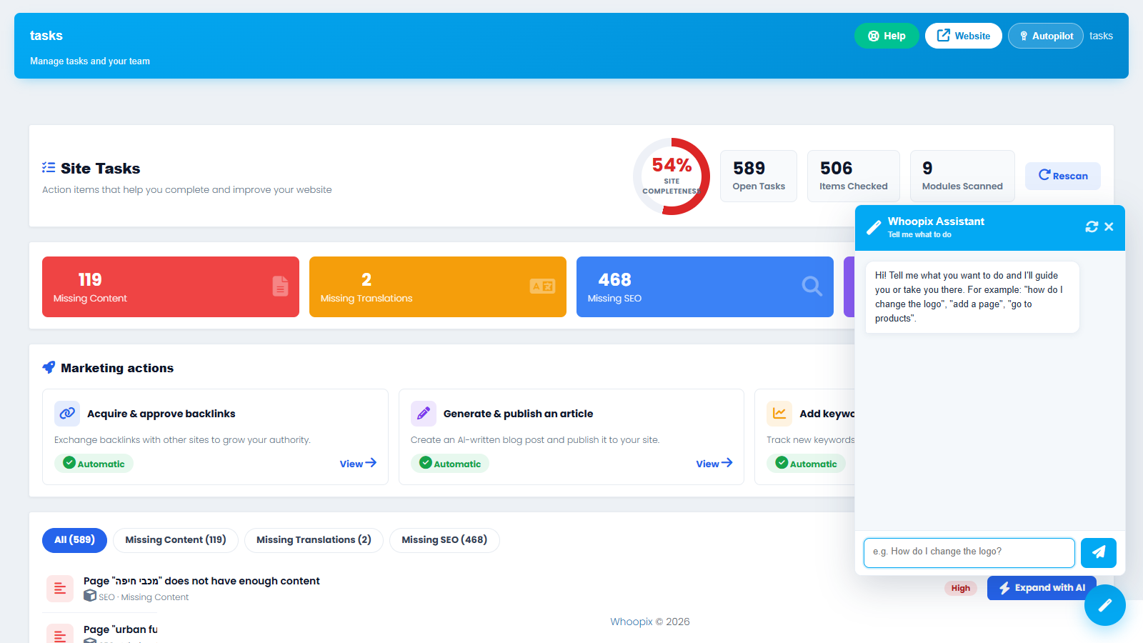 Whoopix automated SEO tasks and performance workflows